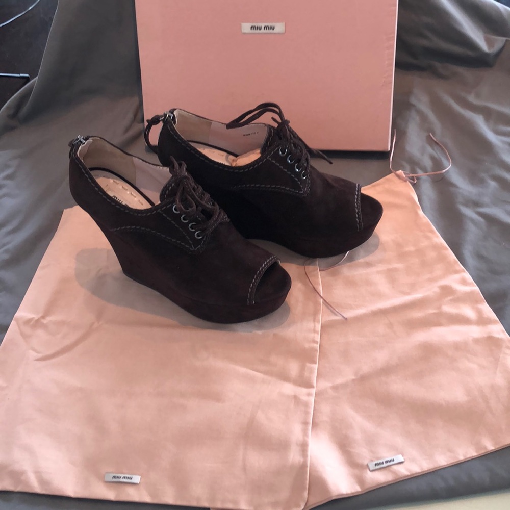 Miu Miu peep-toe suede wedge zip back bootie size EU41